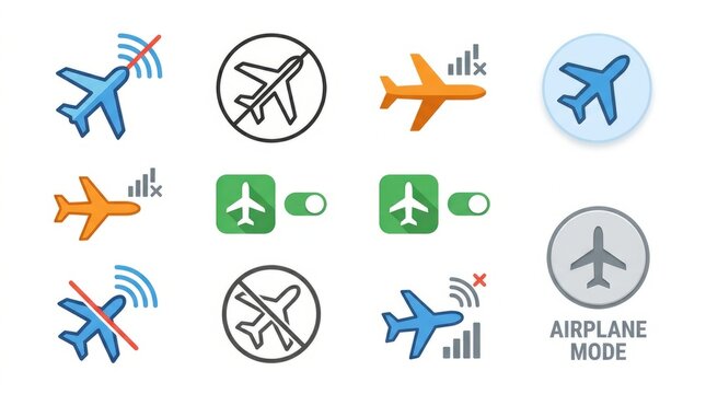 Collection of airplane mode icons and symbols for digital interfaces
