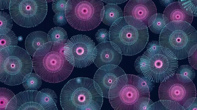 Dense cluster of glowing purple and pink neon spirograph circles filling a dark grey background. Abstract digital sacred geometry pattern perfect for technology science and modern creative themes.