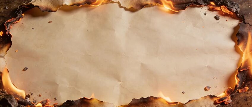 Burning paper burnt edge fire frame vintage texture empty background copy space flame border old parchment scorched paper heat damage dramatic border background destruction disaster mood design