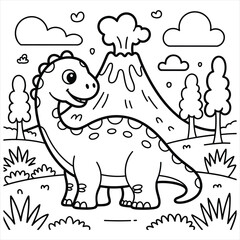 Obraz premium Cute brontosaurus dinosaur standing in front of an erupting volcano coloring page