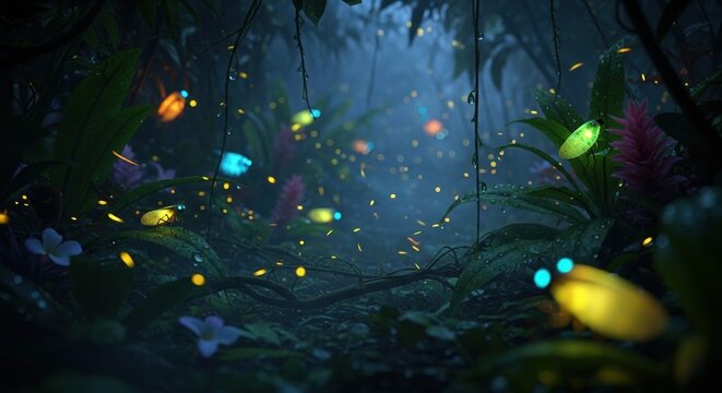 Glowing fireflies and bioluminescent insects in a dark tropical forest at night. Magical jungle scene with floating lights and lush foliage. Fantasy nature background