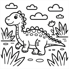 Obraz premium Cute cartoon dinosaur standing in a grassy field with clouds for coloring page