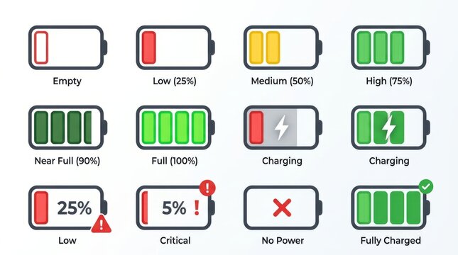 Visual representation of battery power levels and charging status