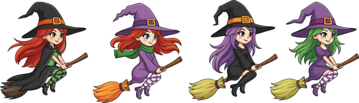 Set of four cute chibi little witches flying on broomsticks with colorful hair and outfits for Halloween invitations and stickers