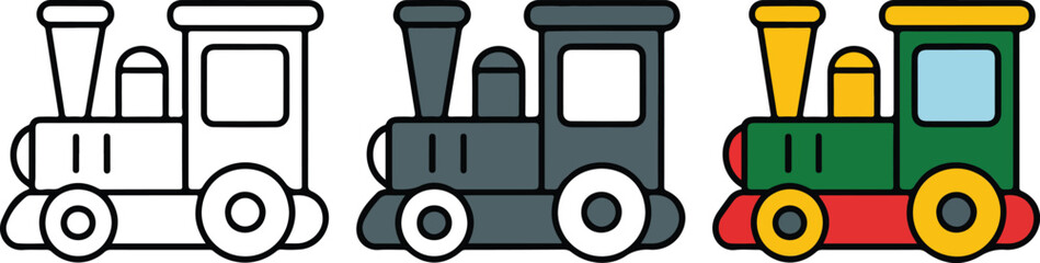 Colorful toy steam train locomotive vector icon set featuring minimalist line art black and white and vibrant versions. © MDESAHAQUE