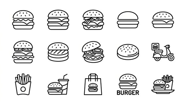 Collection of stylized line art icons featuring various burgers, fries, and delivery scooter.