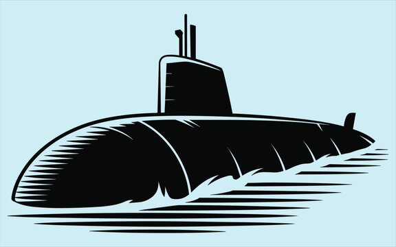 A stylized vector illustration of a military submarine cruising on the ocean surface
