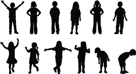 Silhouettes of twelve children in dynamic standing and playful poses, black figures isolated on white background, concept of childhood activity, development, and body language illustration © its
