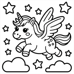 Fototapeta premium A cute flying unicorn with wings surrounded by twinkling stars and fluffy clouds design