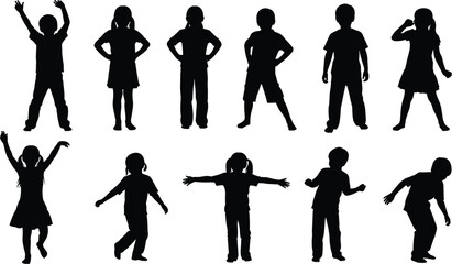 Silhouettes of twelve children in expressive standing and playful poses, black figures isolated on white background, concept of childhood activity, posture, movement, and body language illustration © its