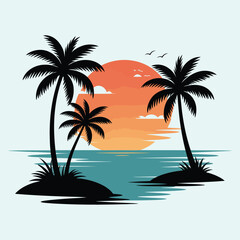 Fototapeta premium Tropical Sunset Over the Ocean island palm trees