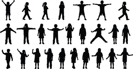 Silhouettes of twenty‑five children in diverse playful and expressive poses, boys and girls isolated on white background, concept of childhood activity, posture, movement, and body language © its