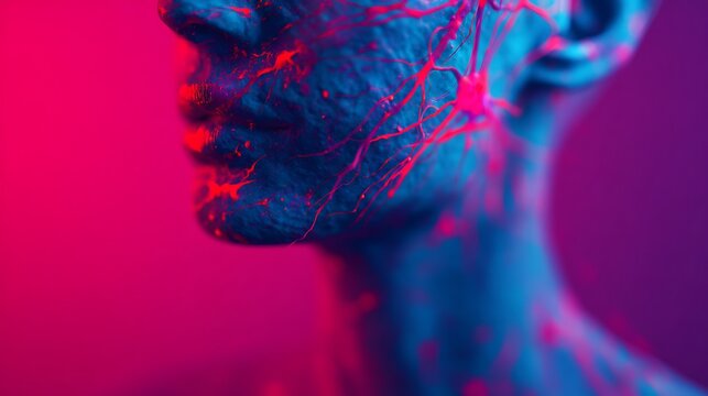 Close-up of a human face with highlighted red veins against a blue and pink neon background, showcasing an artistic or medical visualization of the circulatory system.