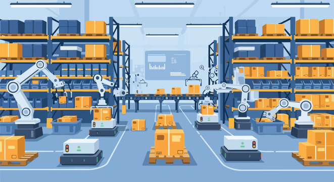 Automated warehouse with robotic arms and mobile platforms handling packages