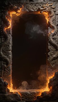 Ancient fantasy portal fire stone dragon gate with magic smoke in dark mysterious frame, epic carved border vertical fantasy art, molten lava mystical energy atmosphere