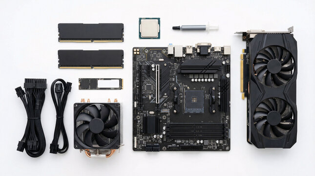 Computer hardware components for graphics card installation isolated on white background