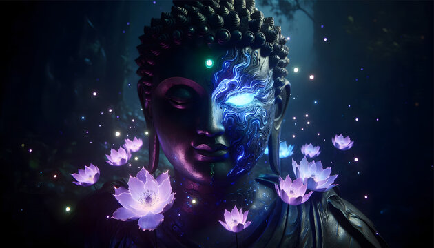 imaginary portrait of dak lord buddha with one side of his glowing eye surrounded by glowing lotus