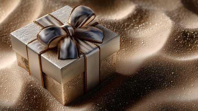 Elegant gift box on sandy surface