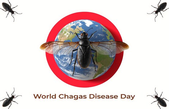 World Chagas Disease Day Logo Featuring Kissing Bug Triatomine Over Globe for Awareness Campaign

