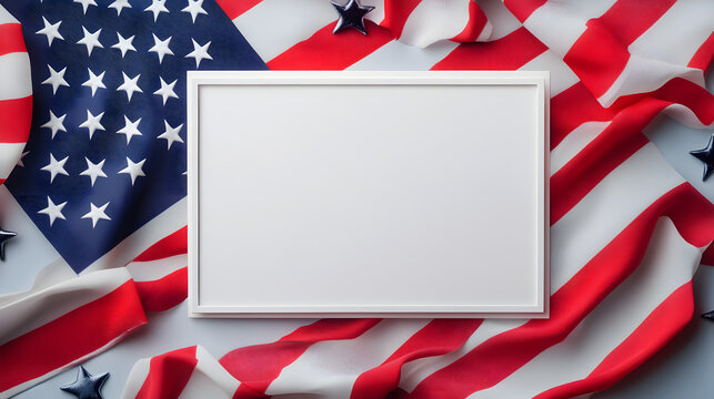 American flag background with empty white frame for patriotic or memorial day concepts