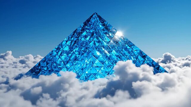 Majestic Blue Crystal Pyramid Floating Above the Clouds in the Sky.