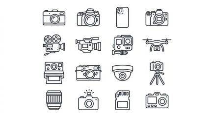 Fototapeta premium Collection of modern and vintage camera equipment, representing photography and videography technology.