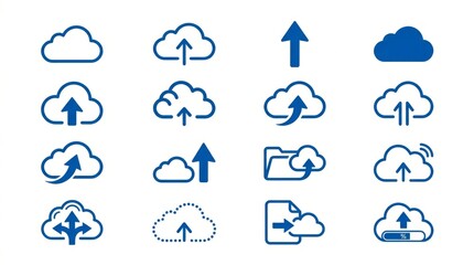 Obraz premium Collection of blue cloud icons representing data upload and storage concepts.