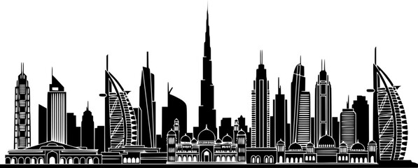 Obraz premium Dubai City Skyline Silhouette Collection - Famous UAE Architectural Landmarks Vector Set