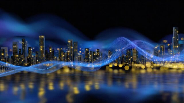 Cityscape at Dusk: A breathtaking cityscape, illuminated by shimmering lights and overlaid with dynamic wave patterns, reflecting in the tranquil waters below, a symphony of urban energy and serenity.