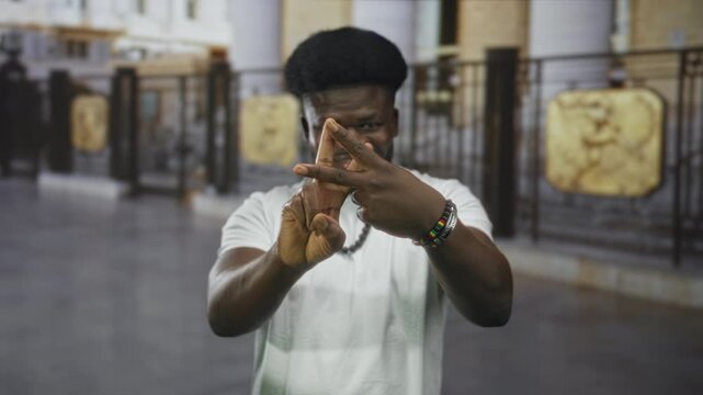 Man forming finger triangle with hands at ornate building railing outdoors, wearing white t shirt and beaded bracelets; confidence energy.
