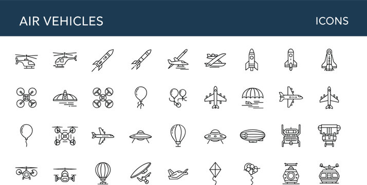 Air vehicles outline icon set including helicopter airplane drone rocket parachute balloon blimp flying taxi and aviation transport symbols