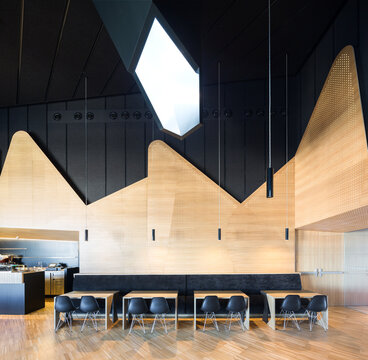 Modern exhibition hall with wooden design elements