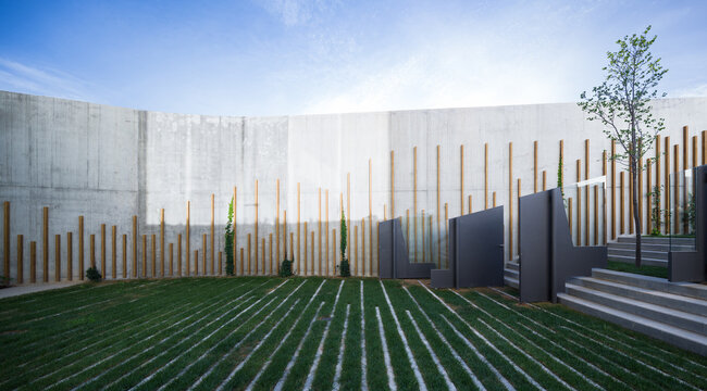 Modern art exhibition space with outdoor grass area