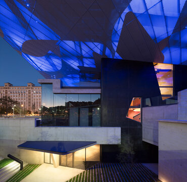 Modern exhibition hall with dynamic blue light design