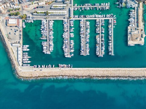 Aerial view of Moraira marina on Costa Blanca in summer