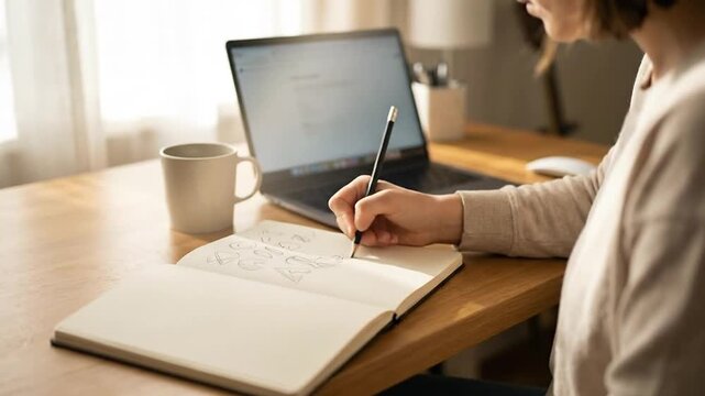 Woman sketching ideas in notebook at home office