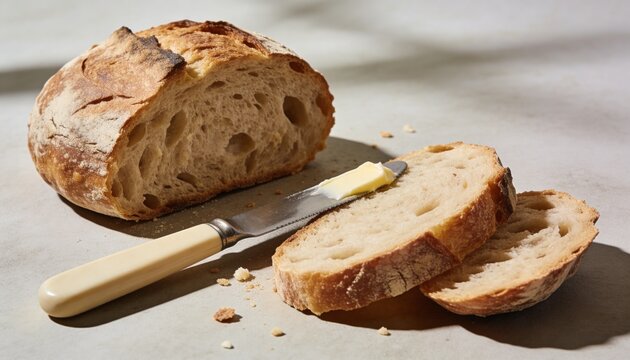 A rustic, crusty loaf of sourdough bread sliced on a light stone surface with a pat of butter being spread by a vintage-style knife under natural sunlight.