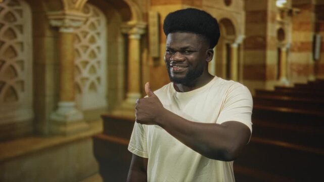 Man giving thumbs up with visible hand inside catholic church nave smiling toward camera; faith approval joy.