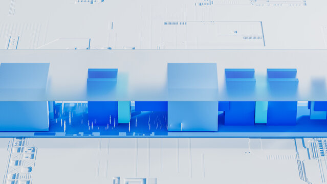 Tech-inspired 3D background featuring geometric shapes in blue