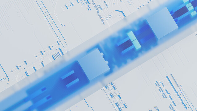 Tech-inspired 3D background featuring geometric shapes in blue