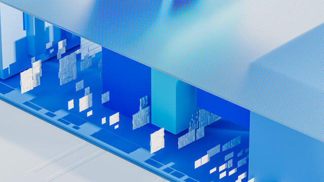 Tech-inspired 3D background featuring geometric shapes in blue