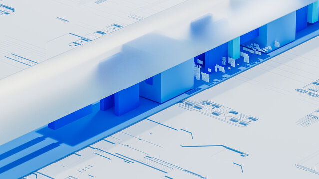 Tech-inspired 3D background featuring geometric shapes in blue