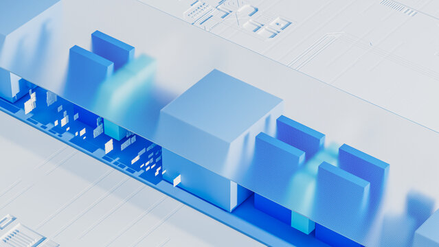 Tech-inspired 3D background featuring geometric shapes in blue