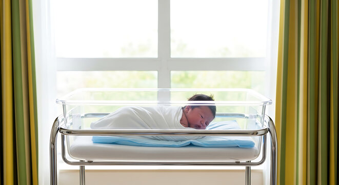 Newborn baby sleeping in hospital bassinet near window