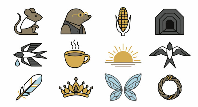 A minimalist set of 12 geometric flat vector icons for the climax of "Thumbelina," isolated on a white background. The aesthetic is extremely simple, 2D graphic design with perfect shapes