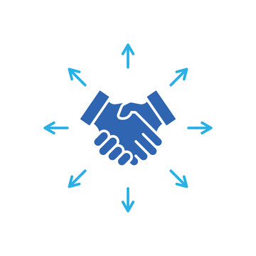 icon a trade expansion with central handshake and outgoing arrows, isolated against a clean background.