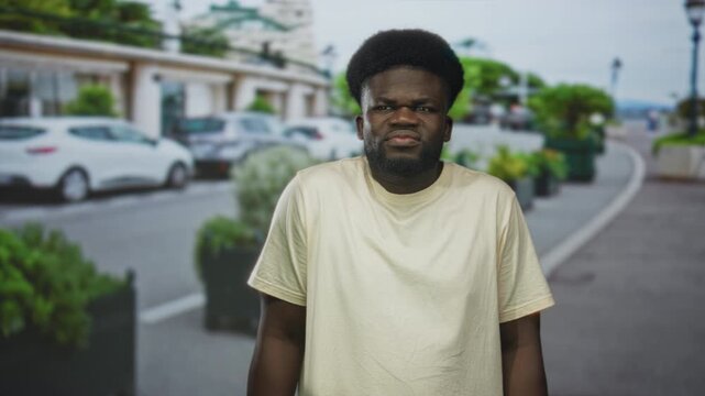 Man with hands on hips and frowning expression wearing beige tshirt on a city street; frustration defiance.