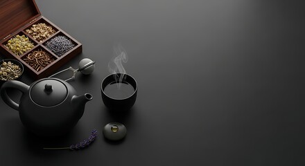 Fototapeta premium Matte black teapot with hot herbal tea and dried herbs on dark background