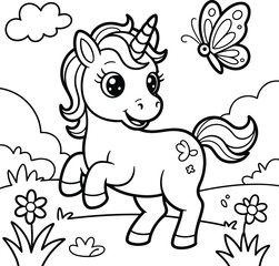 Fototapeta premium A cute little unicorn playing in a meadow with a butterfly and flowers
