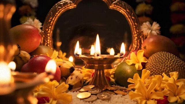 Puthandu kanni with kuthuvilakku, fruits, and flowers, glowing warmly for tamil new year celebrations.